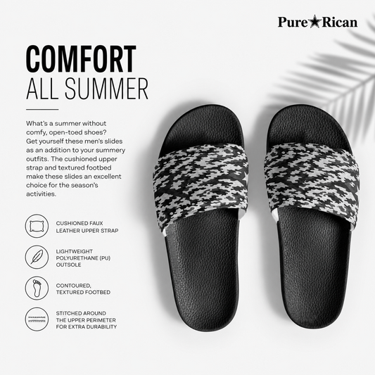 Black slides with patterned straps on a white background, featuring 'Pure⭐️Rican' brand.