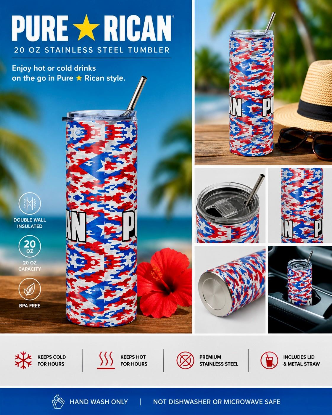 Pure⭐️Rican Patriotic Camo 20oz stainless steel tumbler displayed on a tropical beach-inspired setting with Puerto Rican patriotic camo artwork