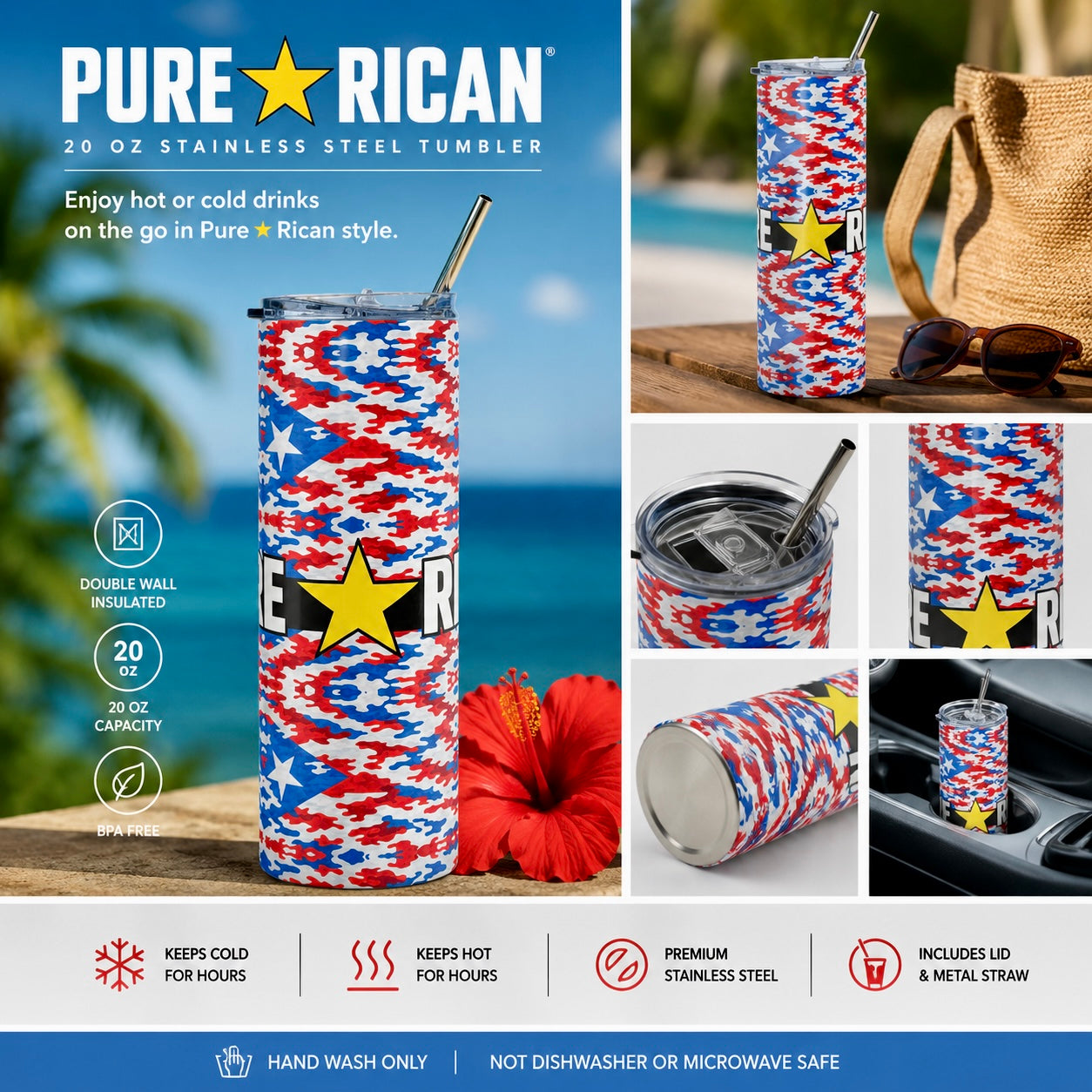 Pure⭐️Rican Patriotic Camo 20oz stainless steel tumbler with Puerto Rican-inspired red white and blue camo design and metal straw