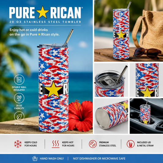 Pure⭐️Rican Patriotic Camo 20oz stainless steel tumbler with Puerto Rican-inspired red white and blue camo design and metal straw