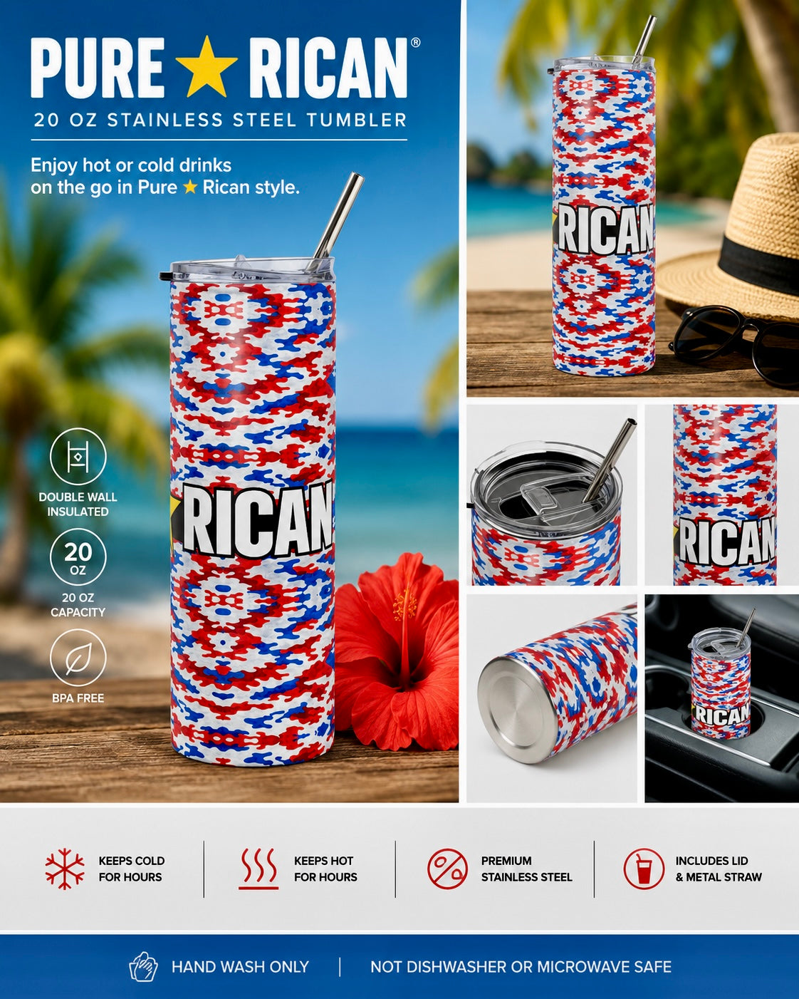 Close-up view of the Pure⭐️Rican Patriotic Camo stainless steel tumbler showing reusable metal straw and secure lid