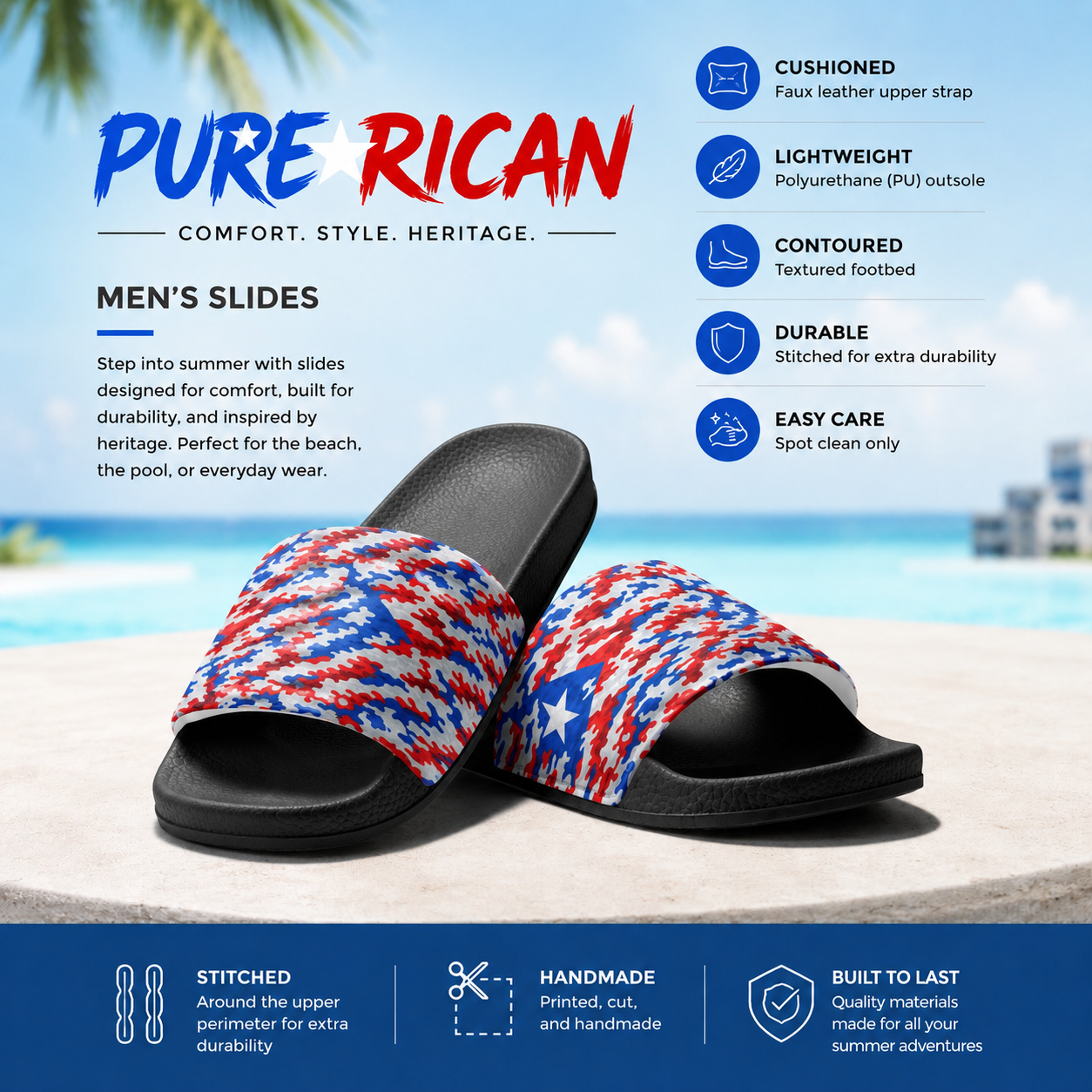 Pure⭐️Rican Patriotic Camo unisex slides with black base featuring a Puerto Rican red, white, and blue camo strap design, angled front product view for beach, pool, and everyday comfort.