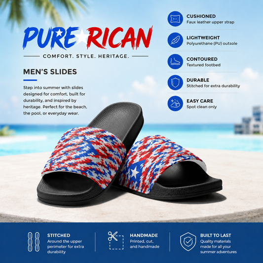 Pure⭐️Rican Patriotic Camo unisex slides with black base featuring a Puerto Rican red, white, and blue camo strap design, angled front product view for beach, pool, and everyday comfort.