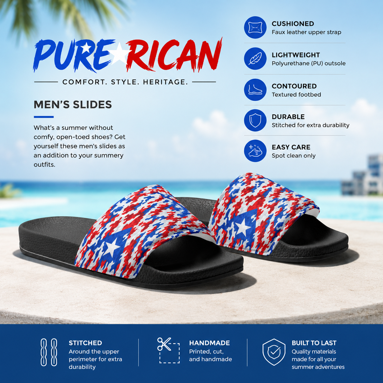 Pure⭐️Rican Patriotic Camo unisex slides with black base and Puerto Rican-inspired red, white, and blue camo strap, elevated angled product display showing comfort and lightweight summer sandal design.