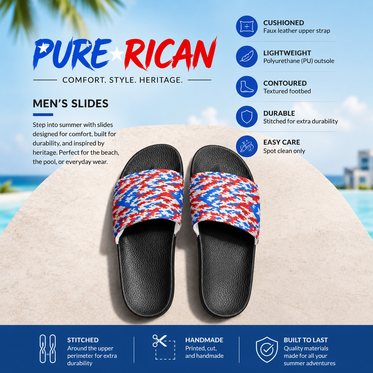 Top view of Pure⭐️Rican Patriotic Camo unisex slides with black footbed and Puerto Rican-inspired red, white, and blue camo upper strap for summer, beach, and everyday wear.