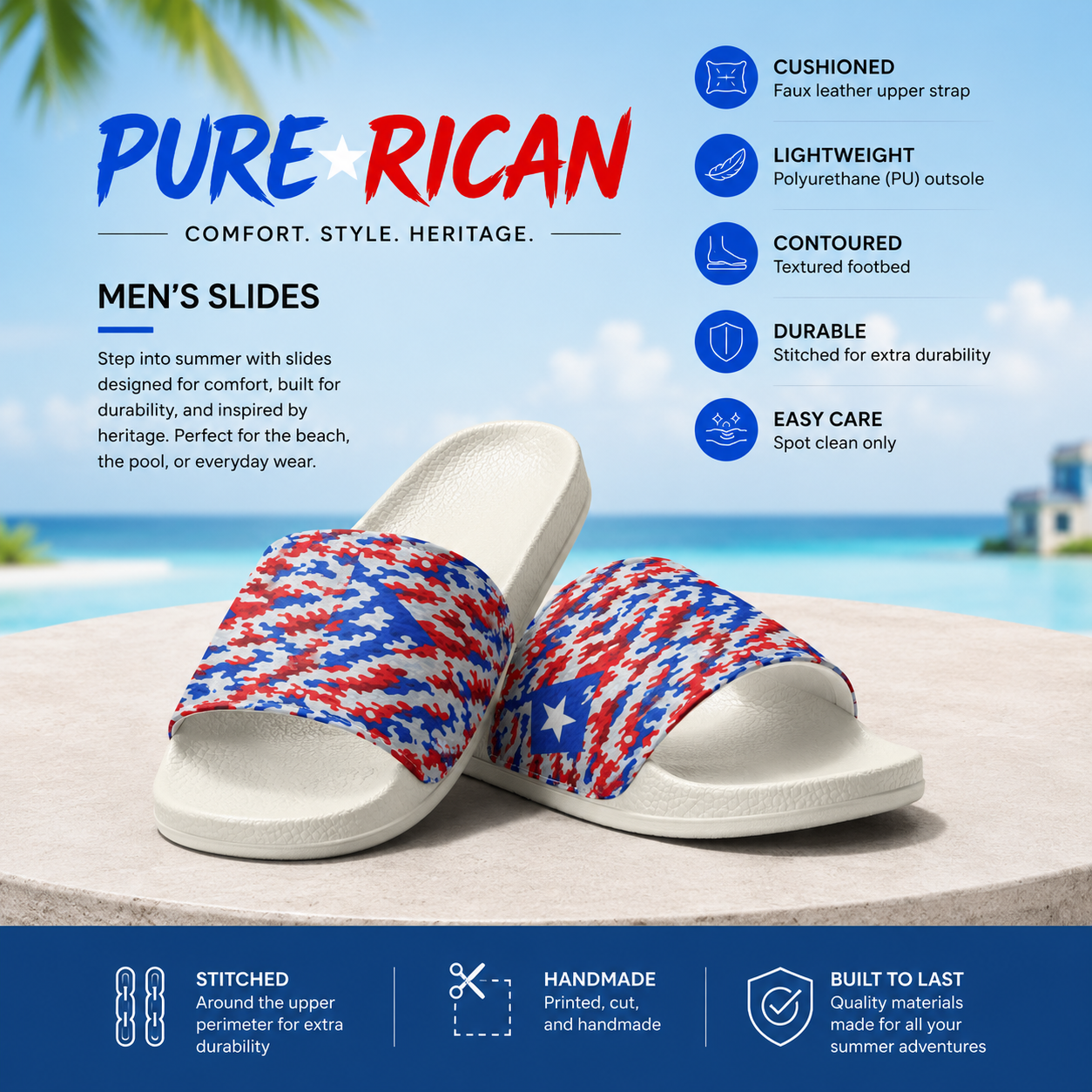 Pure⭐️Rican Patriotic Camo unisex slides with white base featuring a Puerto Rican-inspired red, white, and blue camo strap, angled front product view for beach, pool, and everyday wear.