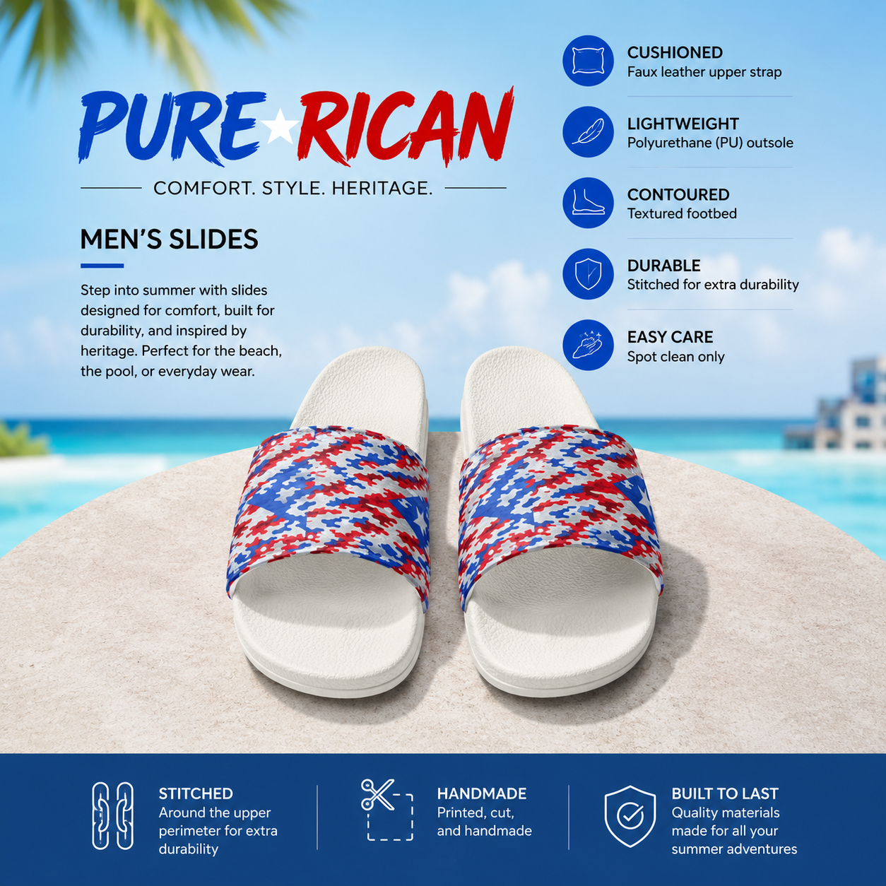 Front-facing view of Pure⭐️Rican Patriotic Camo unisex slides with white footbed and Puerto Rican red, white, and blue camo strap designed for lightweight comfort and everyday summer wear.