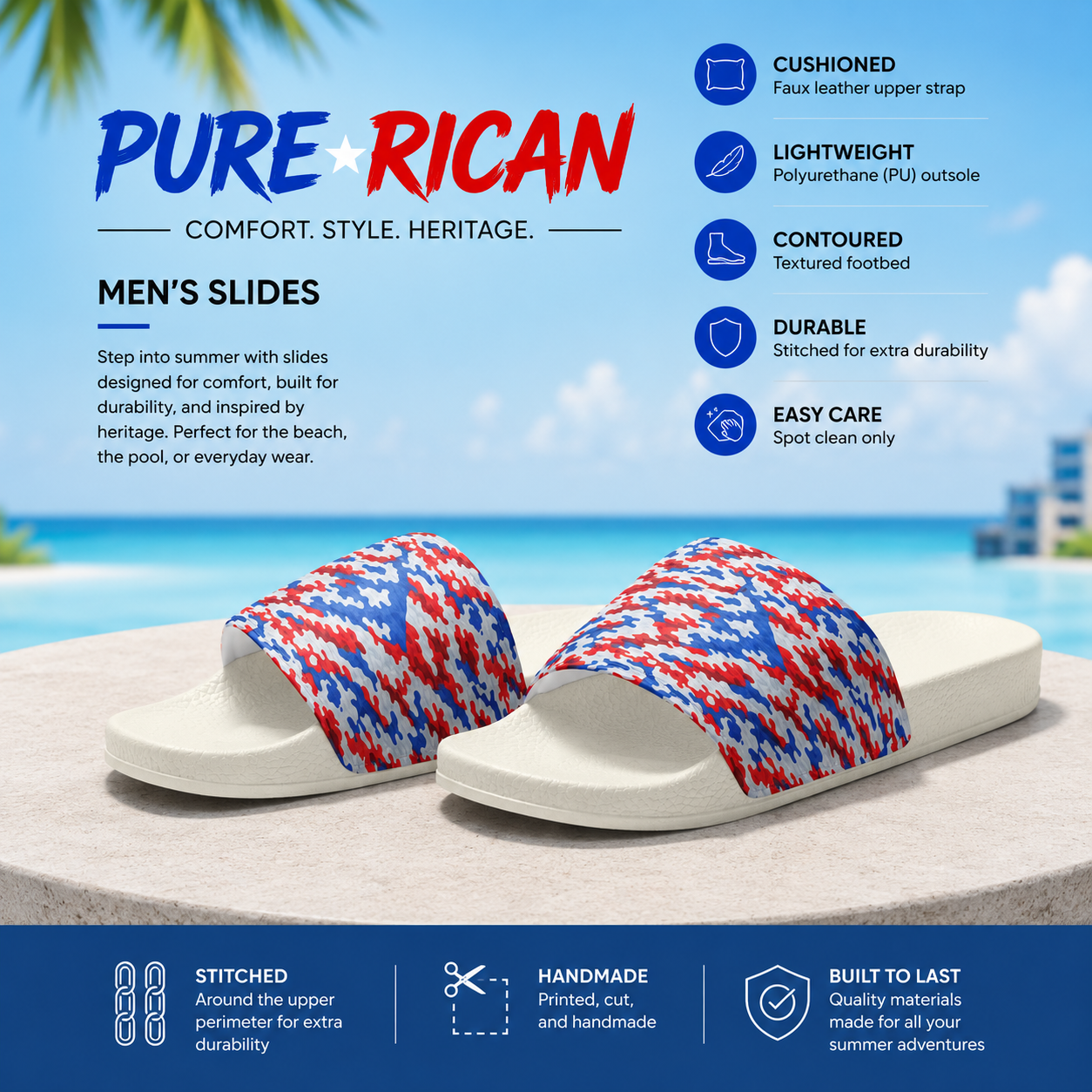 Pure⭐️Rican Patriotic Camo unisex slides with white base and Puerto Rican red, white, and blue camo design displayed in a summer beach-inspired product scene highlighting comfort, style, and heritage.
