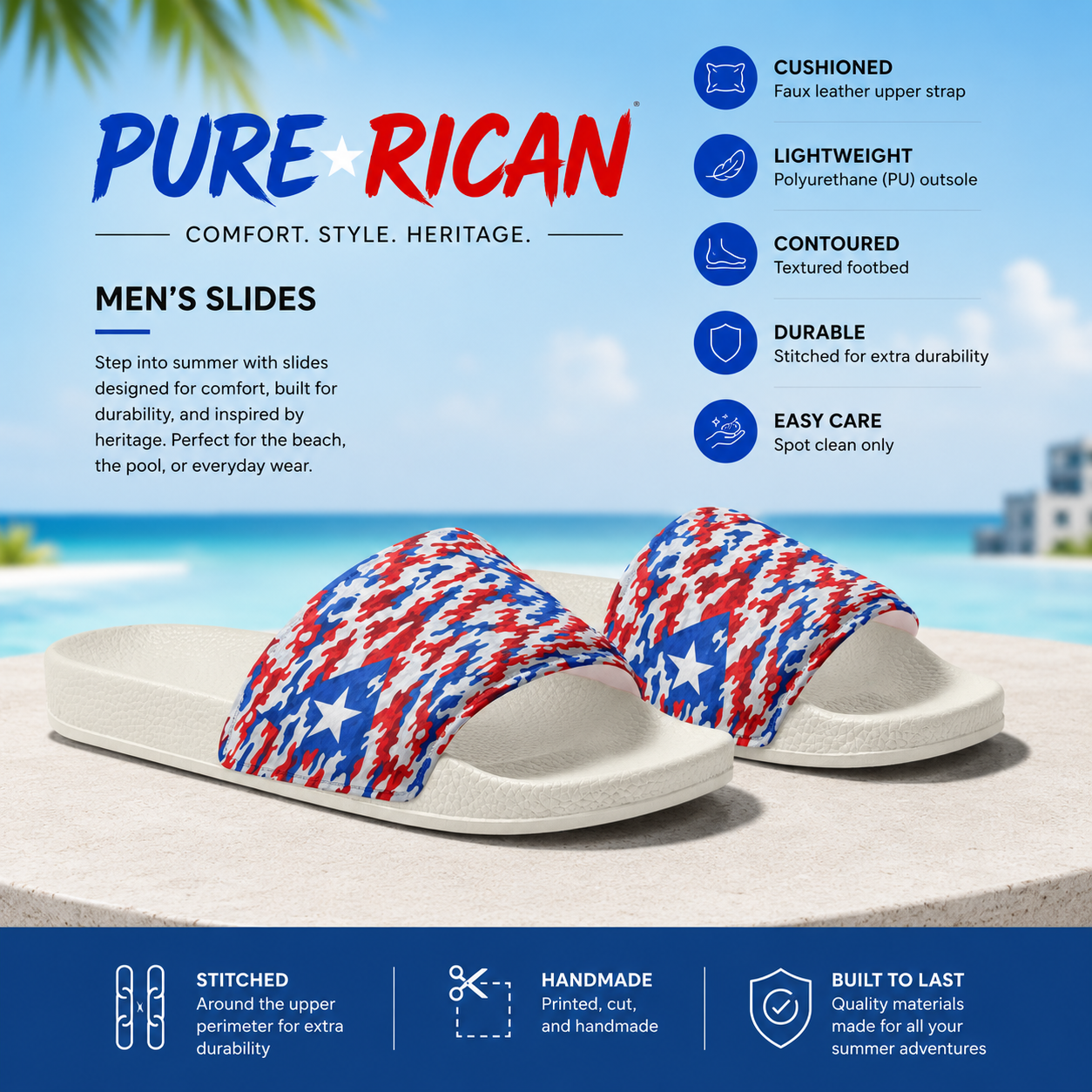 Side angled product image of Pure⭐️Rican Patriotic Camo unisex slides with white base and Puerto Rican-inspired red, white, and blue camo upper strap for beach, pool, and casual wear.