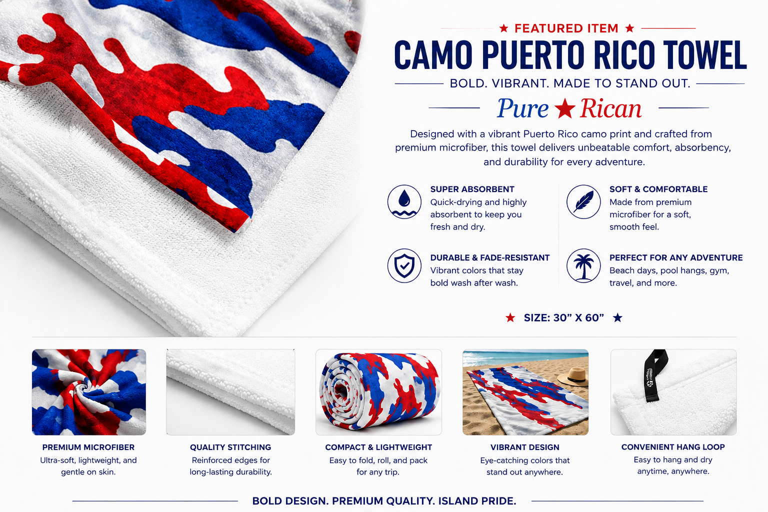 Detailed feature display of the Pure⭐️Rican Puerto Rico camo towel highlighting soft microfiber texture, fade-resistant material, reinforced edges, compact foldable towel roll, beach setup inspiration, and easy hang loop for drying.