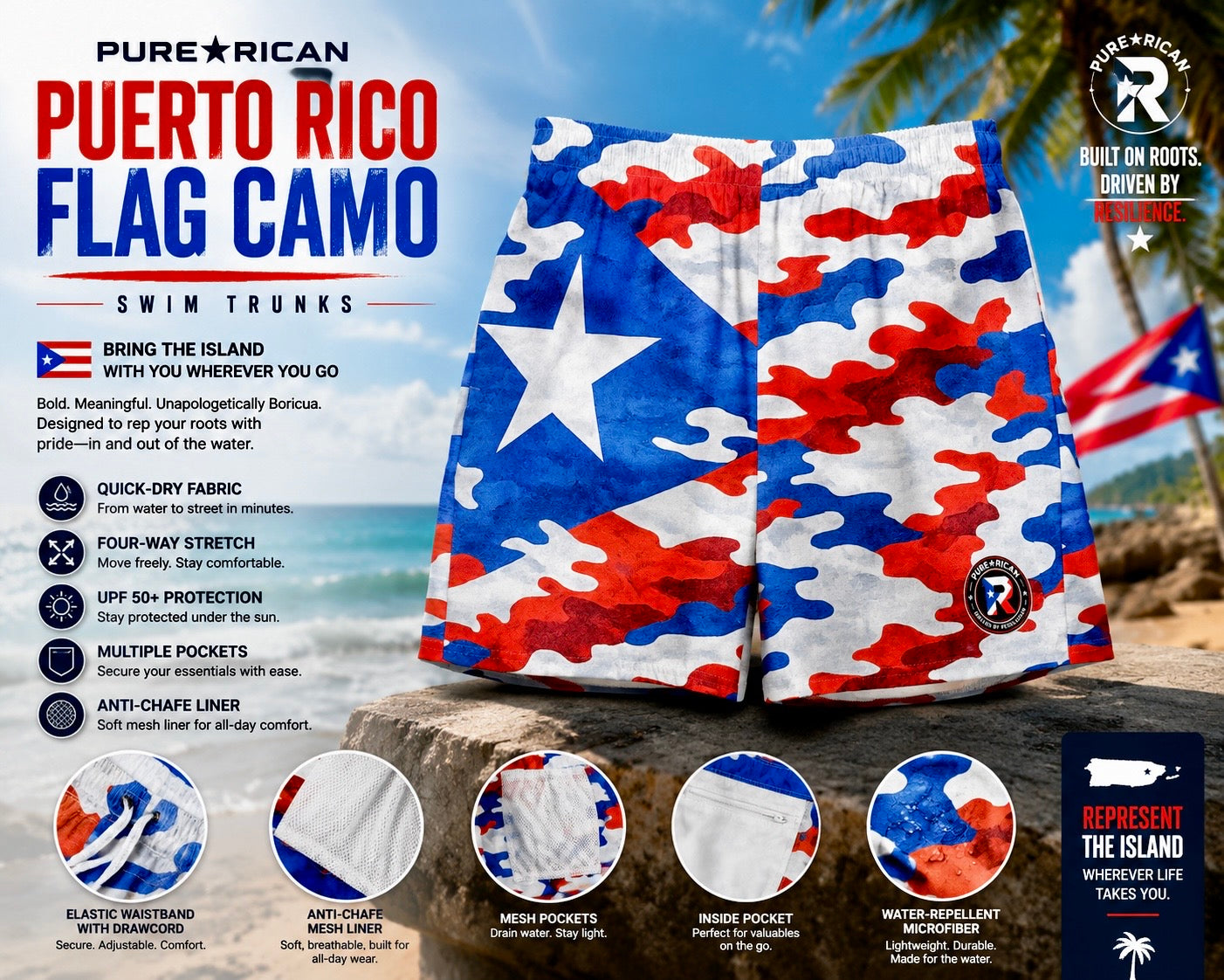 Premium product feature graphic showcasing the front view of the Pure⭐️Rican Puerto Rico Flag Camo Swim Trunks with Puerto Rican flag-inspired red, white, and blue camo design, quick-dry fabric, anti-chafe mesh liner, inside pocket, mesh pockets, UPF 50+ protection, and water-repellent microfiber details.