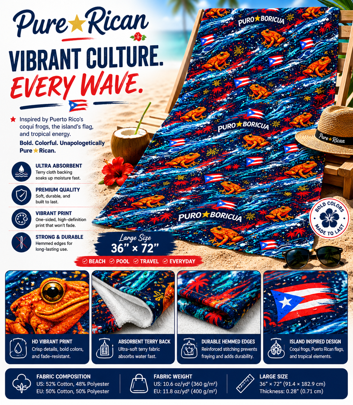 High-detail promotional image of the Pure⭐️Rican Puro Boricua beach towel highlighting vivid Puerto Rican coquí frog artwork, vibrant island colors, absorbent terry cloth backing, premium fabric composition, durable stitched edges, and oversized 36 x 72 inch design for beach, pool, and travel.