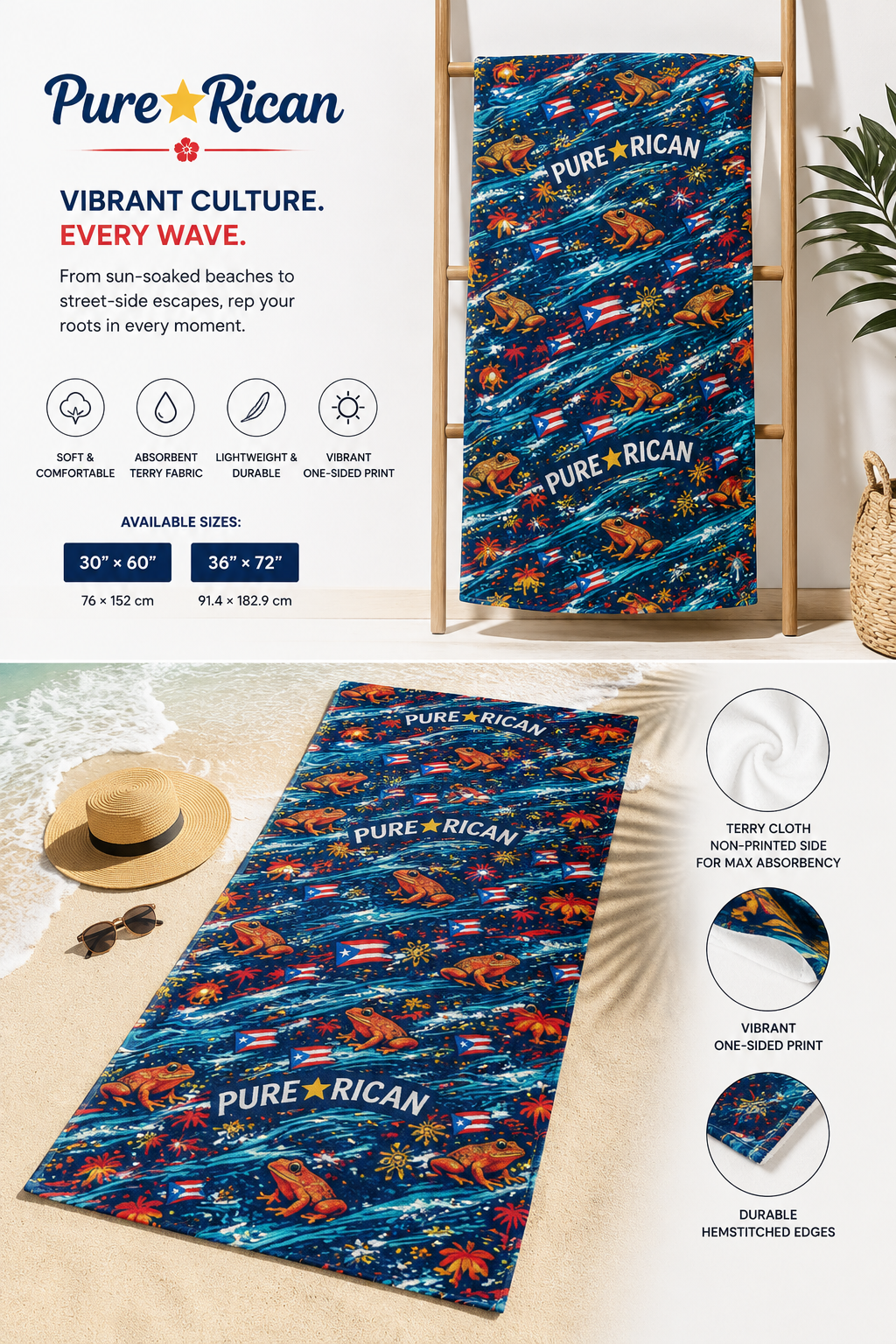 Pure⭐️Rican Puro Boricua beach towel displayed in a tropical lifestyle setting featuring vibrant coquí frog artwork, Puerto Rican flag details, soft terry fabric backing, absorbent material, and available towel sizes 30 x 60 and 36 x 72 inches.