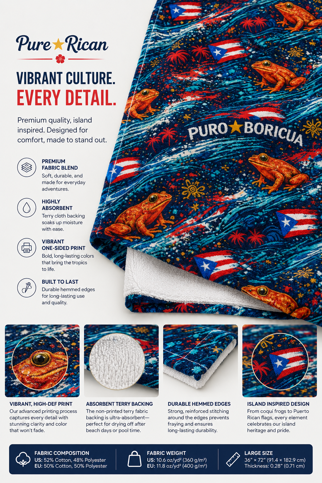 Close-up detail image of the Pure⭐️Rican Puro Boricua beach towel showcasing vibrant coquí frog artwork, Puerto Rican flag accents, premium fabric blend, absorbent terry backing, durable hemmed edges, and high-definition island-inspired print.