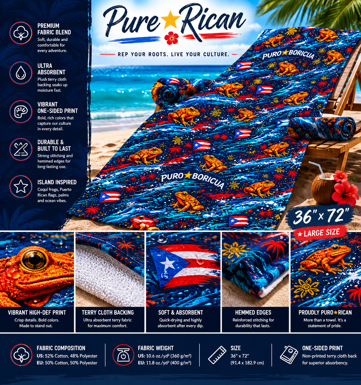 Pure⭐️Rican Puro Boricua beach towel displayed on a tropical beach chair featuring vibrant coquí frog design, Puerto Rican flag pattern, ultra-absorbent terry cloth backing, durable hemmed edges, and large 36 x 72 inch towel size for beach and pool use.