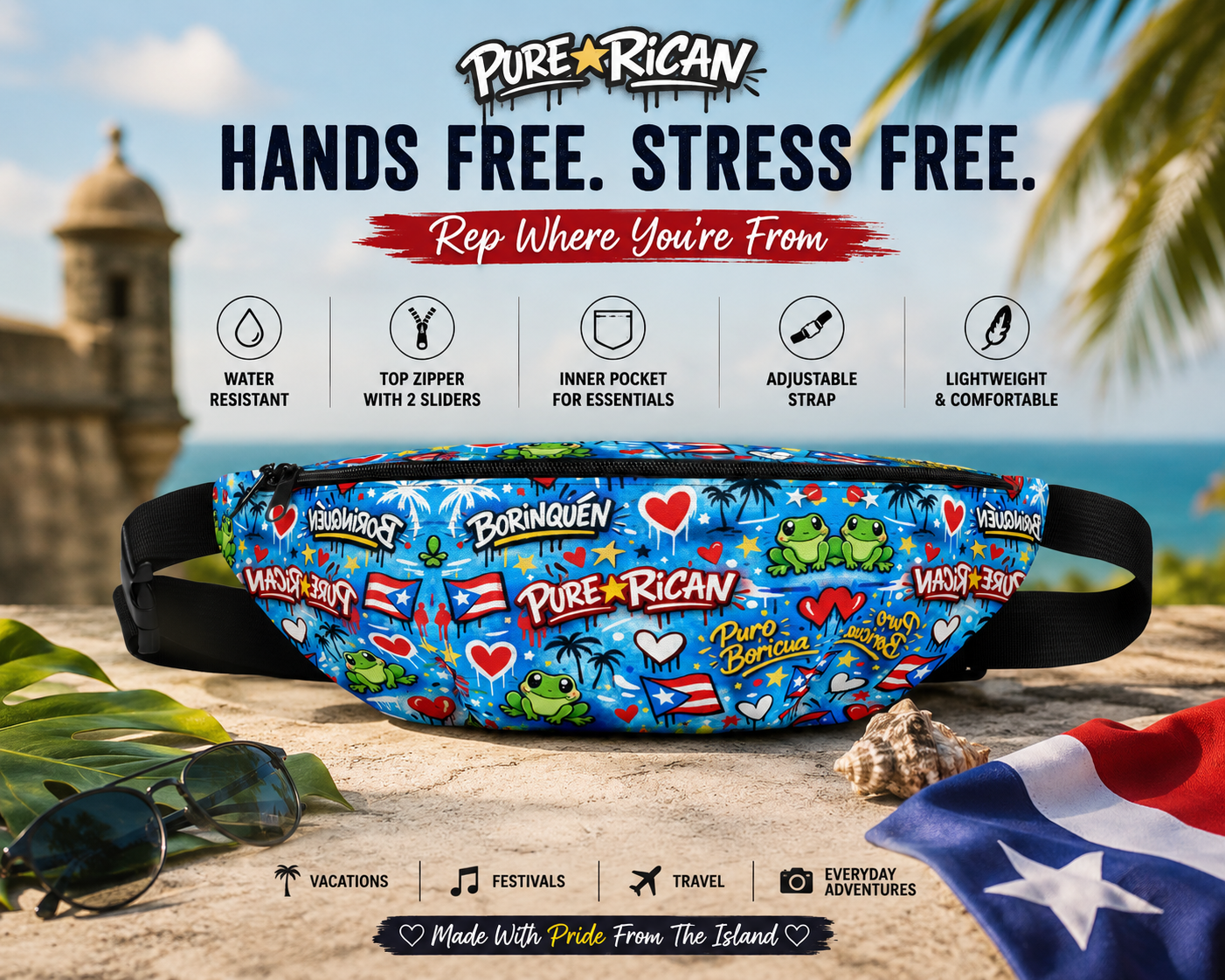 Front view of the Pure⭐️Rican Puro⭐️Boricua Sapo Love fanny pack featuring Puerto Rican inspired artwork, frogs, hearts, and flags in a premium tropical travel lifestyle scene.