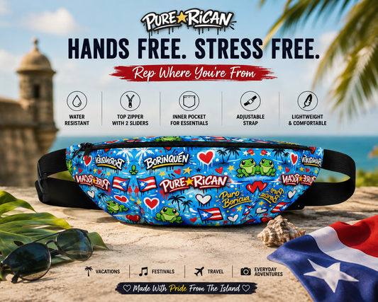 Front view of the Pure⭐️Rican Puro⭐️Boricua Sapo Love fanny pack featuring Puerto Rican inspired artwork, frogs, hearts, and flags in a premium tropical travel lifestyle scene.
