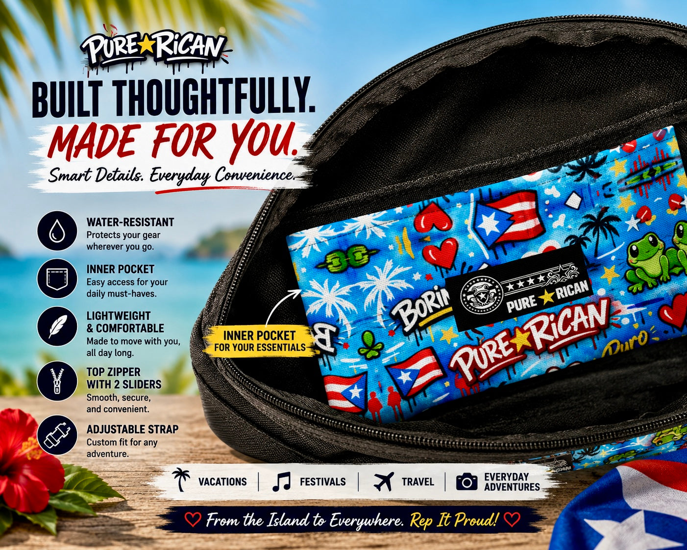 Close-up of the inside pocket detail of the Pure⭐️Rican Puro⭐️Boricua Sapo Love fanny pack showing organized storage and premium interior design.