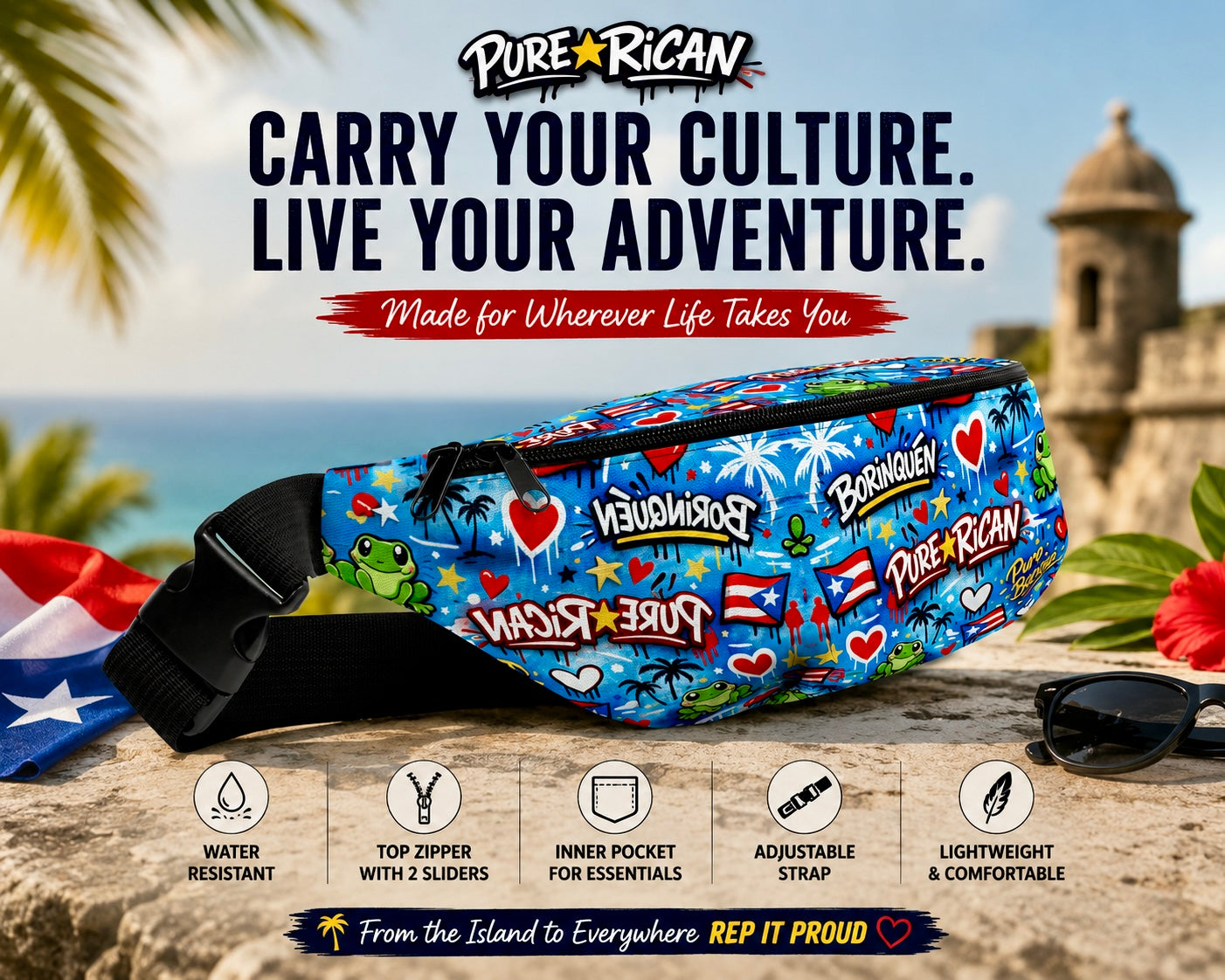 Right angle view of the Pure⭐️Rican Puro⭐️Boricua Sapo Love fanny pack showing adjustable strap, Puerto Rican artwork, and premium travel lifestyle details.