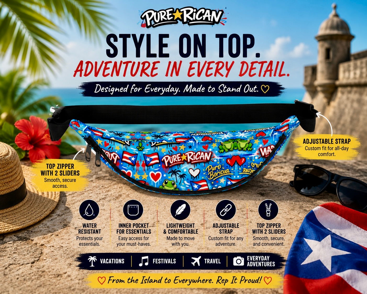 Top view of the Pure⭐️Rican Puro⭐️Boricua Sapo Love fanny pack highlighting zipper access, adjustable strap, and Puerto Rican inspired artwork.