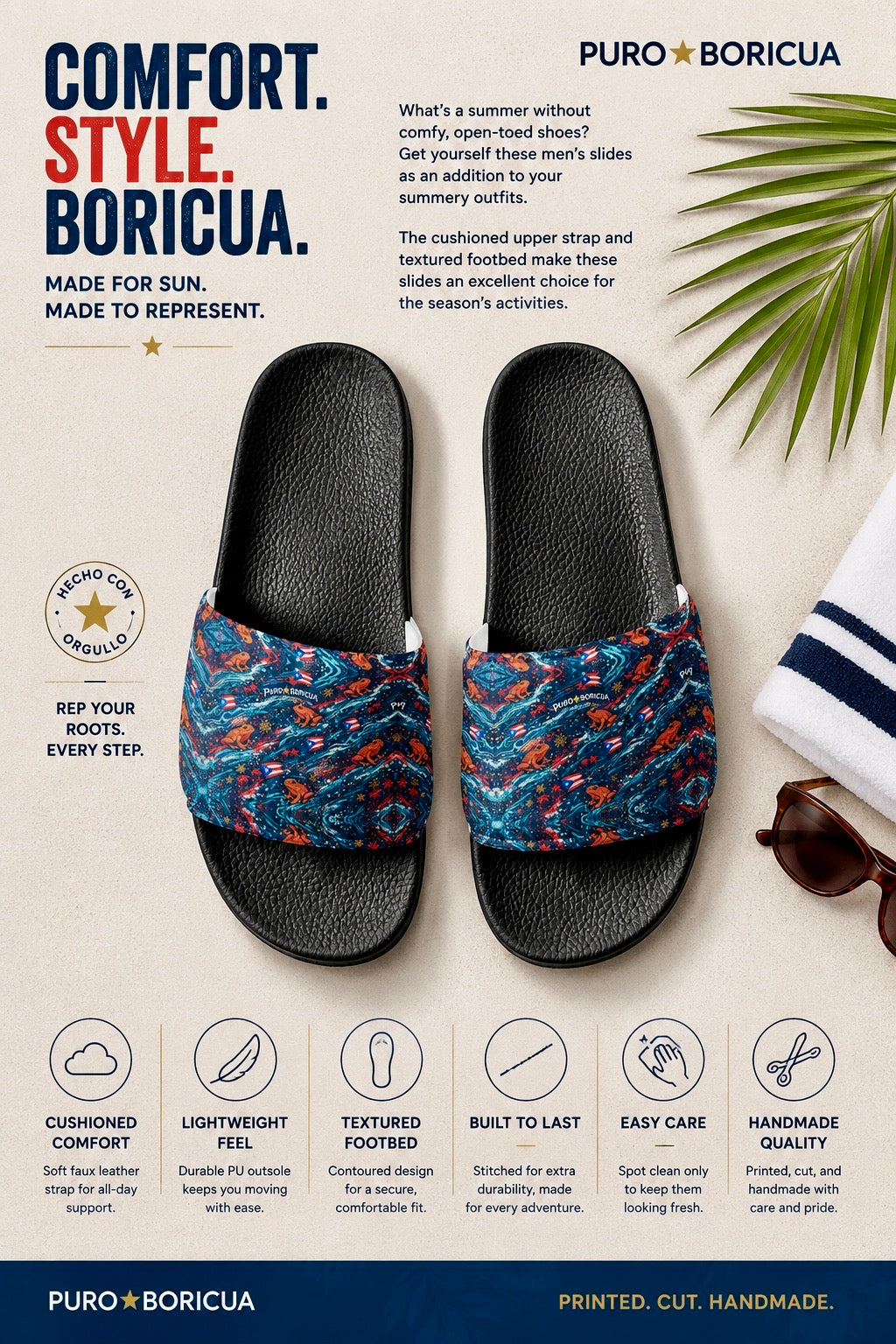 Puro Boricua sandals with text about comfort, style, and features on a light background.
