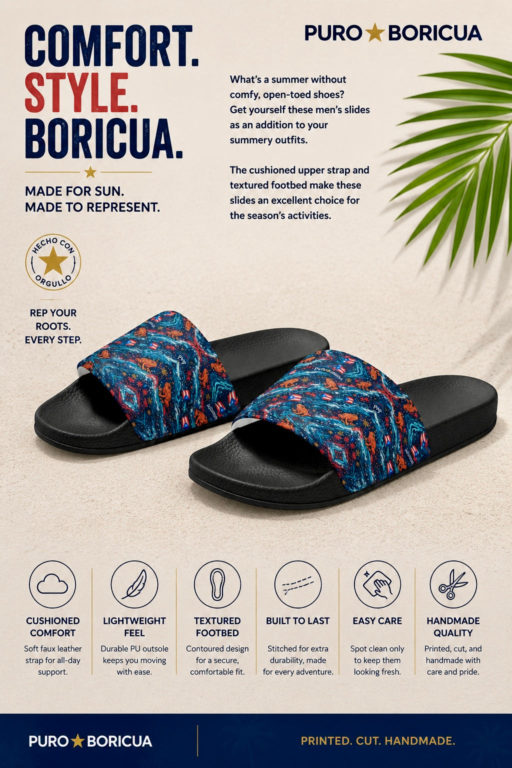 Puro Boricua slide sandals with promotional text and brand logo on a white background.