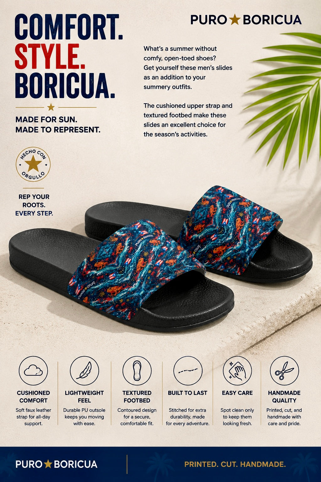 Puro Boricua sandals with text highlighting features and branding.