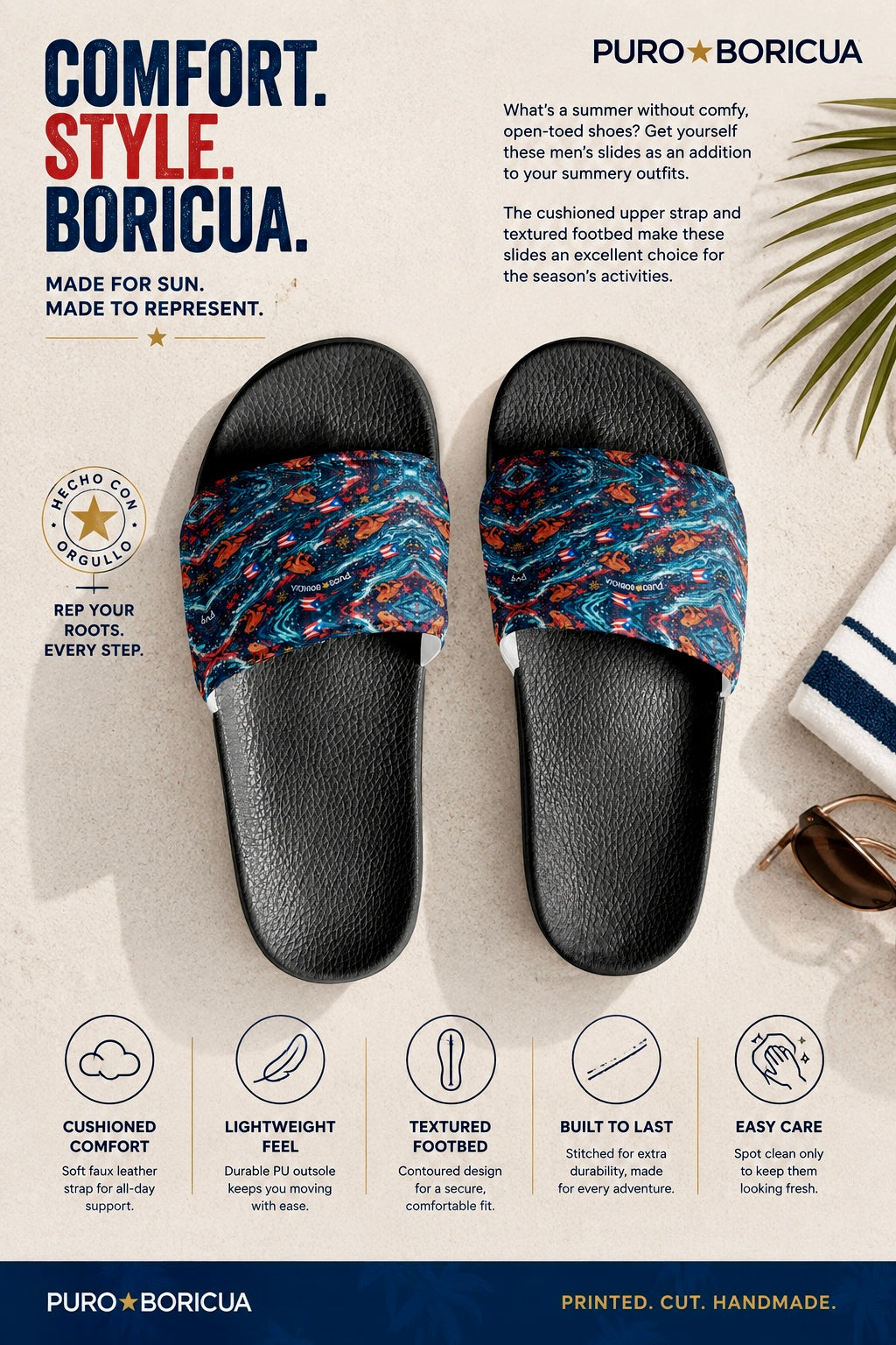 Pair of black sandals with colorful straps on a light background, featuring Puro Boricua branding.