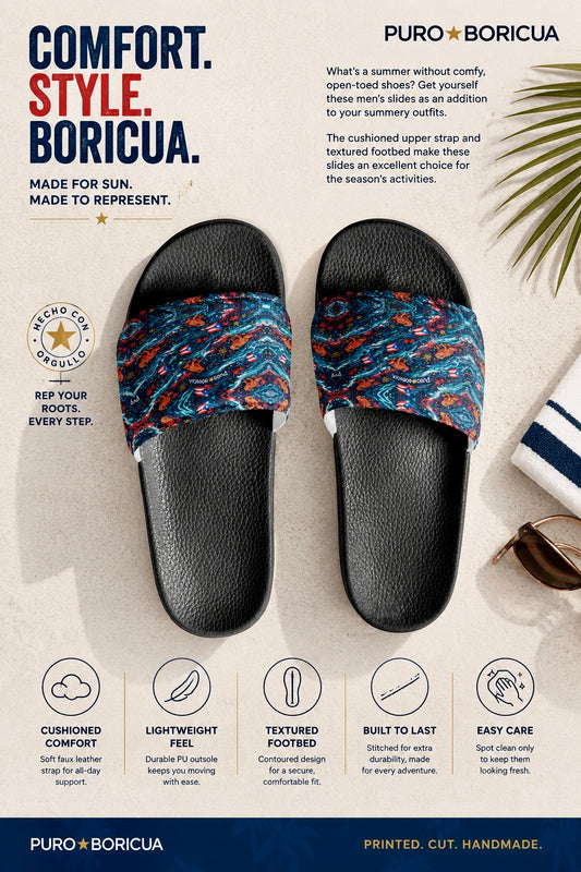Pair of black sandals with colorful straps on a light background, featuring Puro Boricua branding.