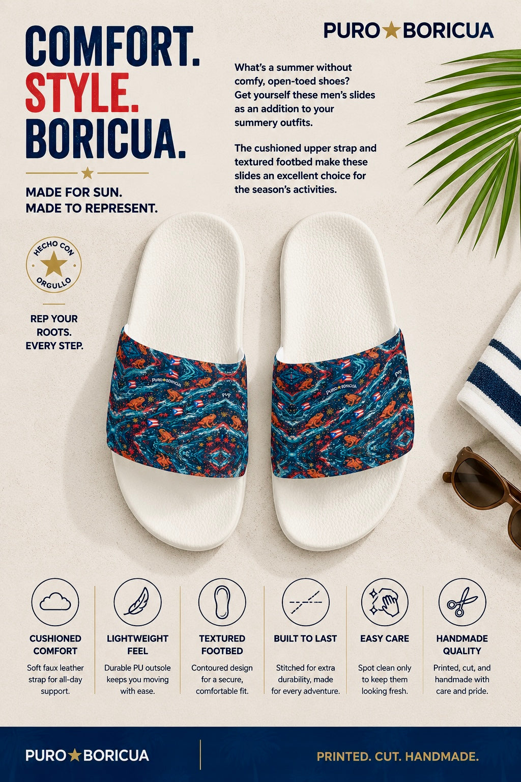 White sandals with blue and orange pattern on a white background with promotional text and branding.