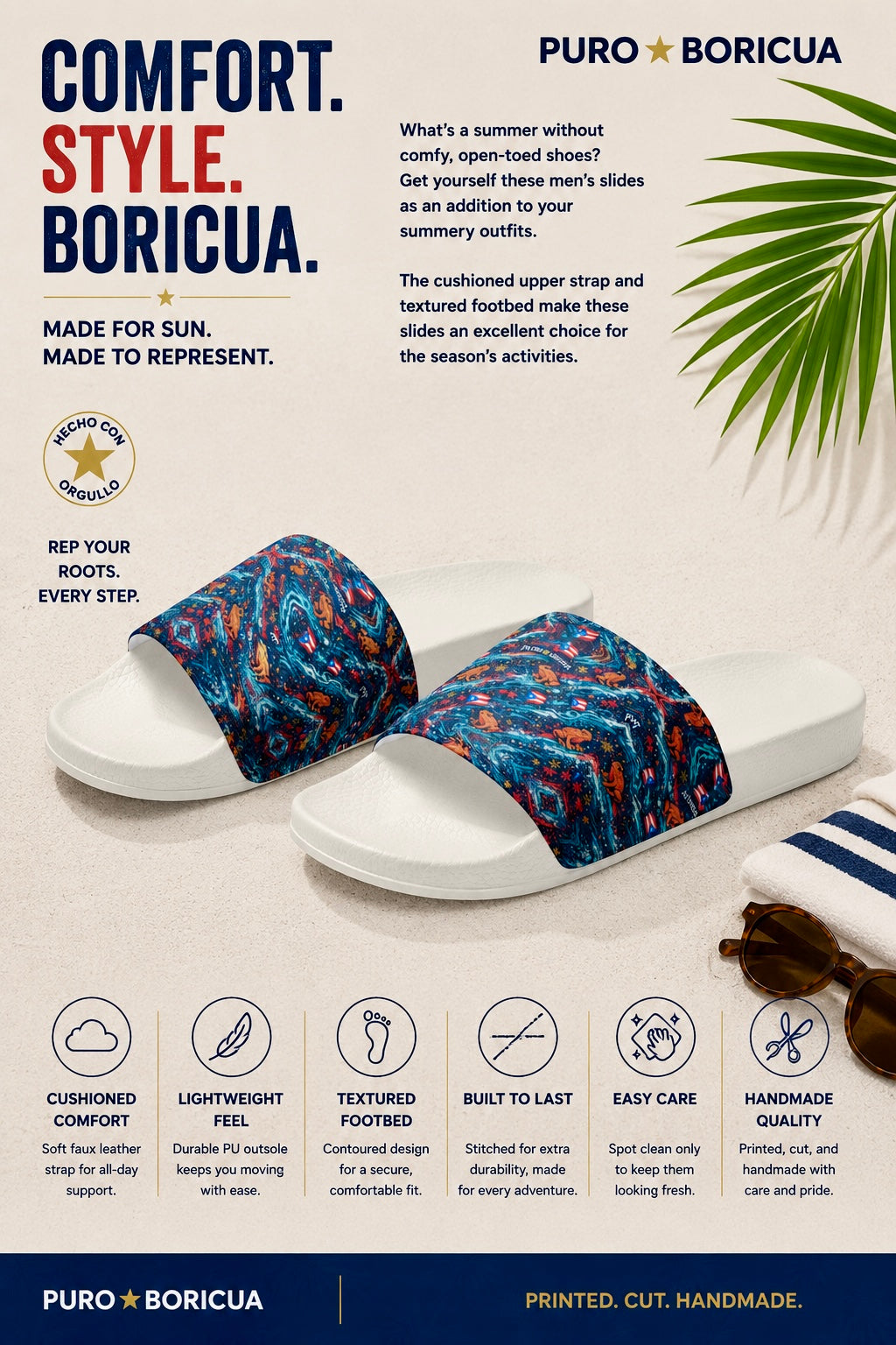 White slides with colorful pattern on a white background, featuring Purol Boricua branding.