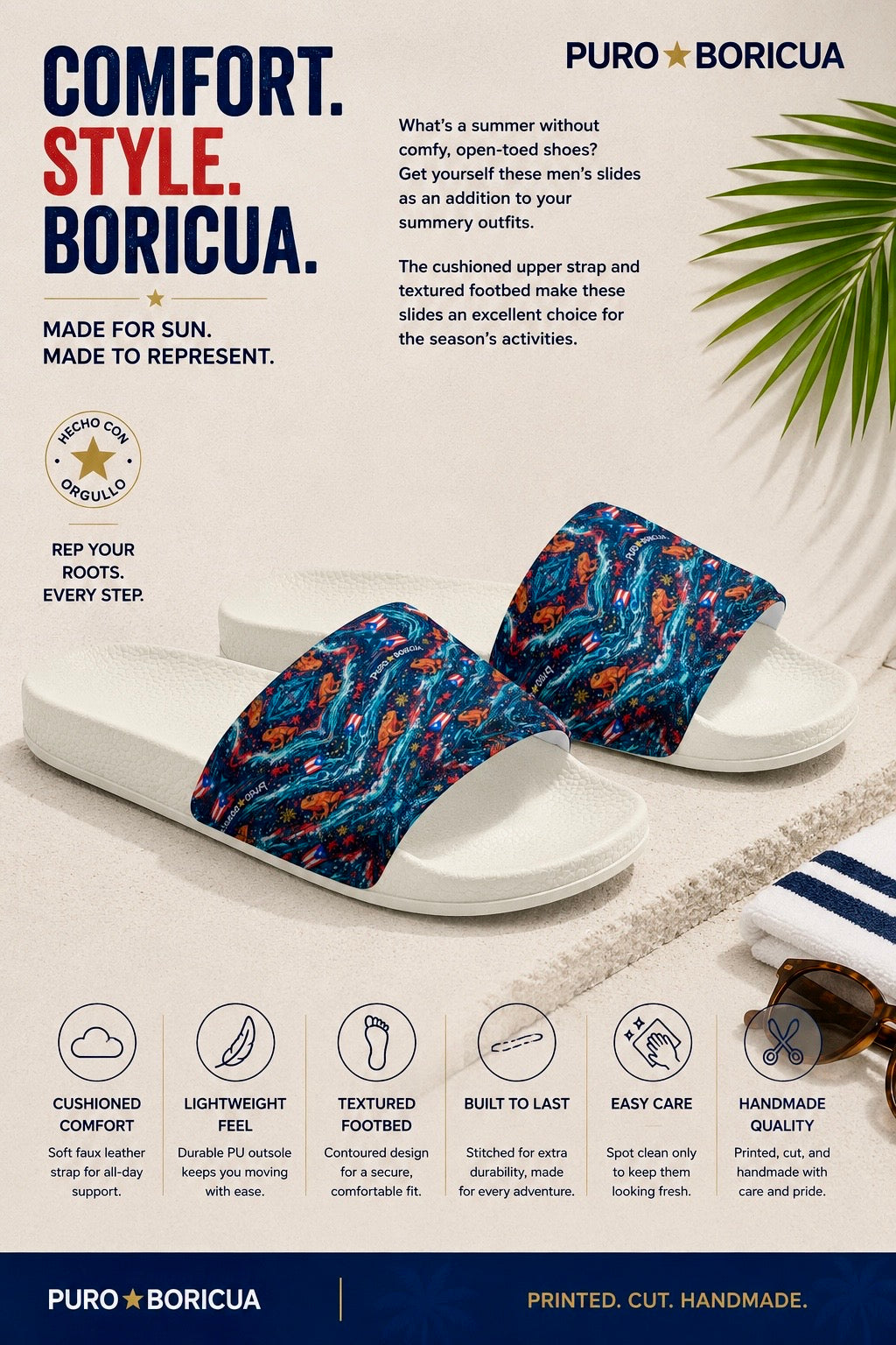 Puro Boricua slides with colorful straps on a white background