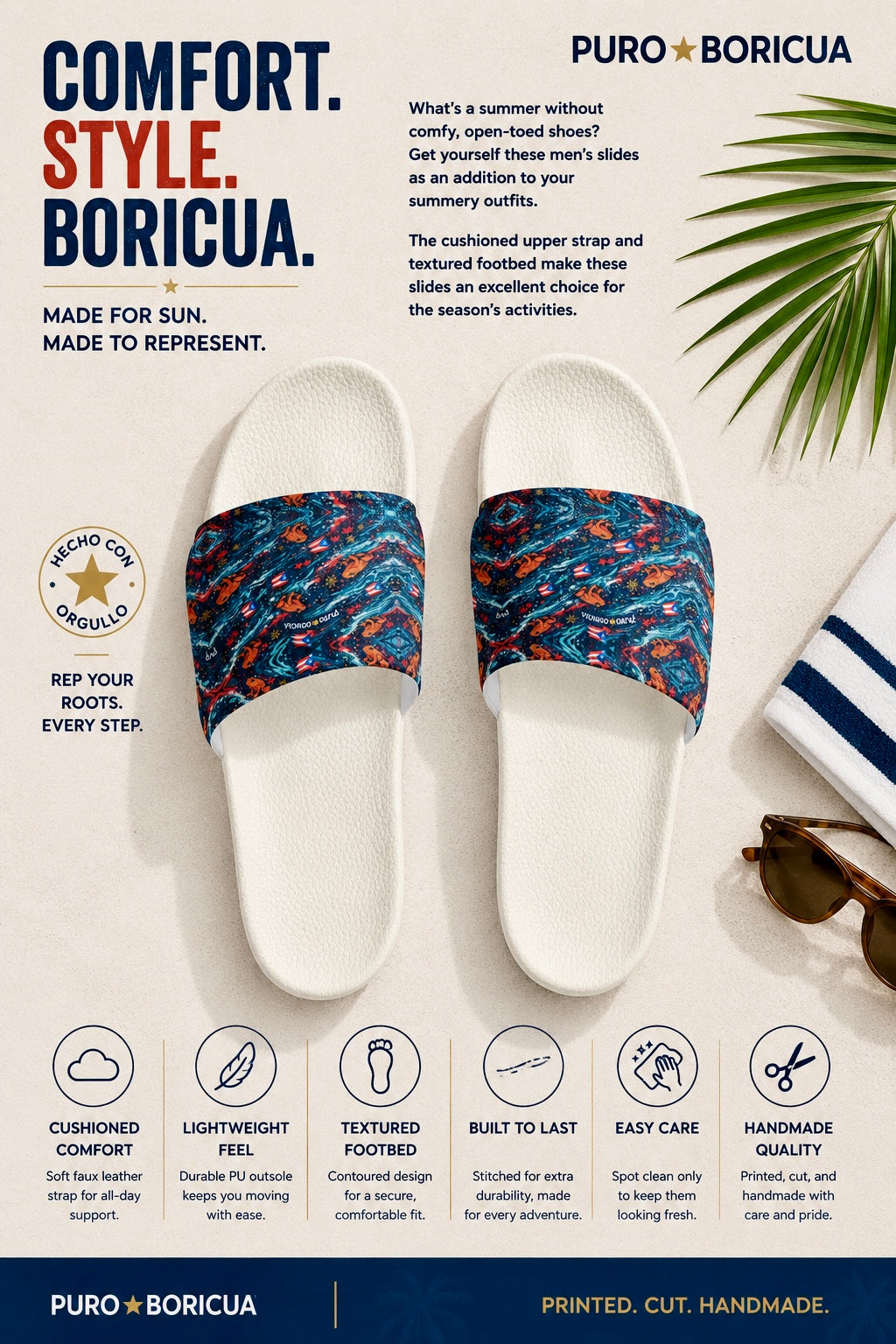 Puro Boricua slides with colorful strap on a light background, featuring brand name and product details.
