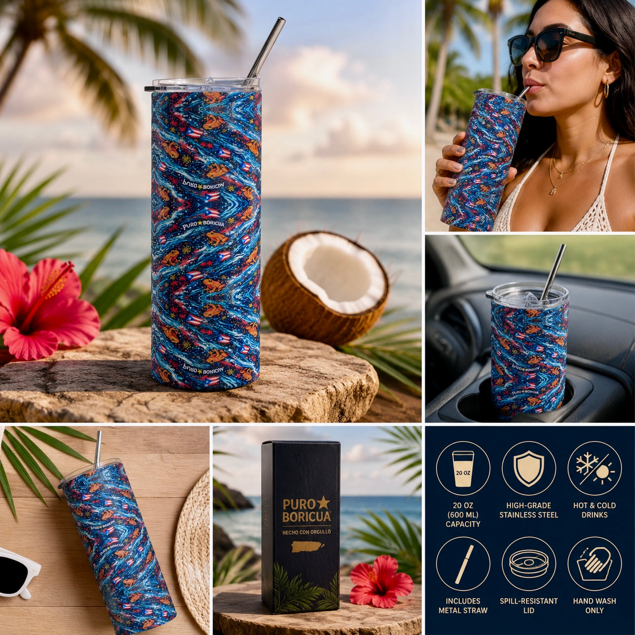 Pure⭐️Rican Puro Boricua Sapo Wave 20oz stainless steel tumbler with metal straw featuring Puerto Rican flag accents and Sapo Concho pattern displayed in a tropical beach setting with coconut, hibiscus flower, car cup holder view, and lifestyle imagery.