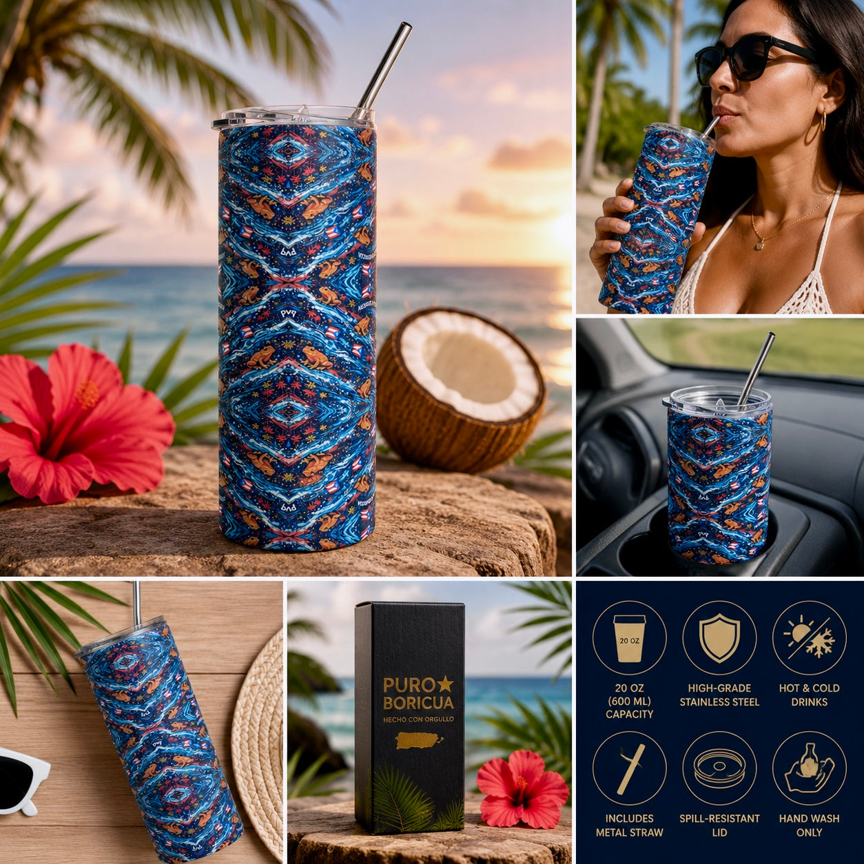 Pure⭐️Rican Puro Boricua Sapo Wave stainless steel tumbler with metal straw placed inside a vehicle cup holder for travel and everyday use.
