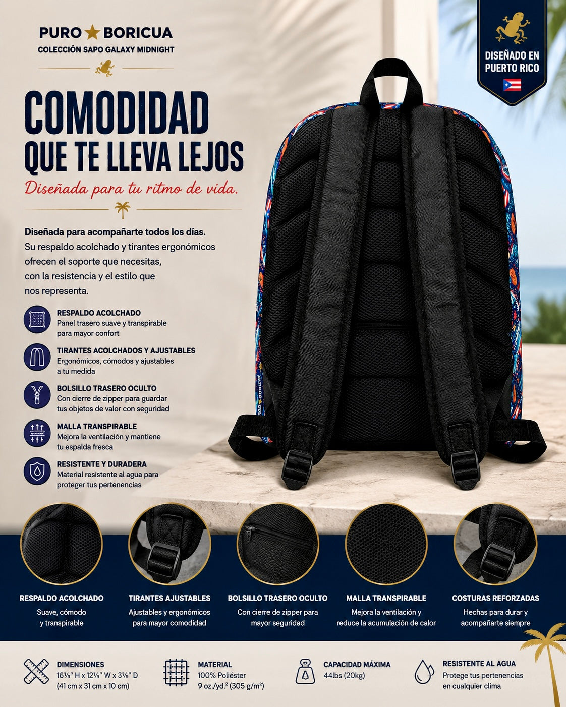 Back view of the Pure⭐️Rican Puro⭐️Boricua Sapo Wave medium backpack showcasing padded ergonomic straps, breathable mesh back, hidden zipper pocket, and comfortable everyday wear design.