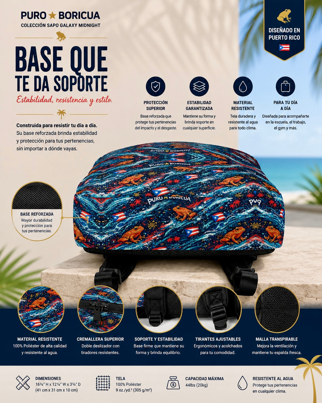 Bottom base view of the Pure⭐️Rican Puro⭐️Boricua Sapo Wave medium backpack highlighting reinforced bottom construction, durable water-resistant material, and Puerto Rican inspired Sapo Wave pattern.