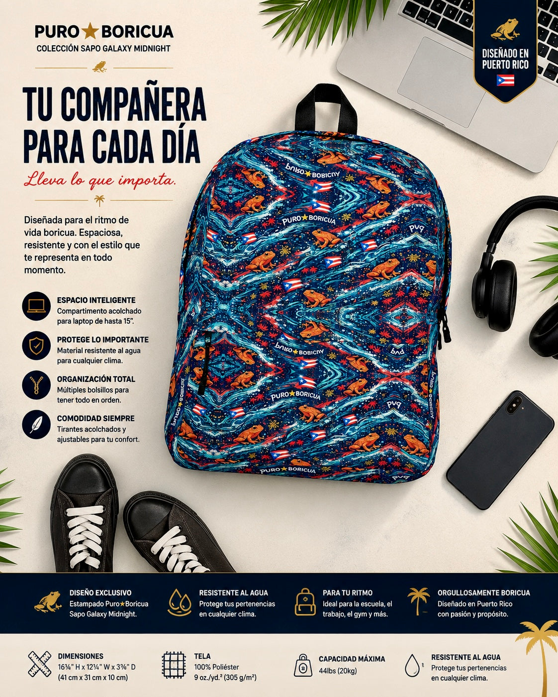 Flat lay lifestyle image of the Pure⭐️Rican Puro⭐️Boricua Sapo Wave medium backpack styled with travel and everyday essentials, showcasing Puerto Rican inspired design and practical daily functionality.
