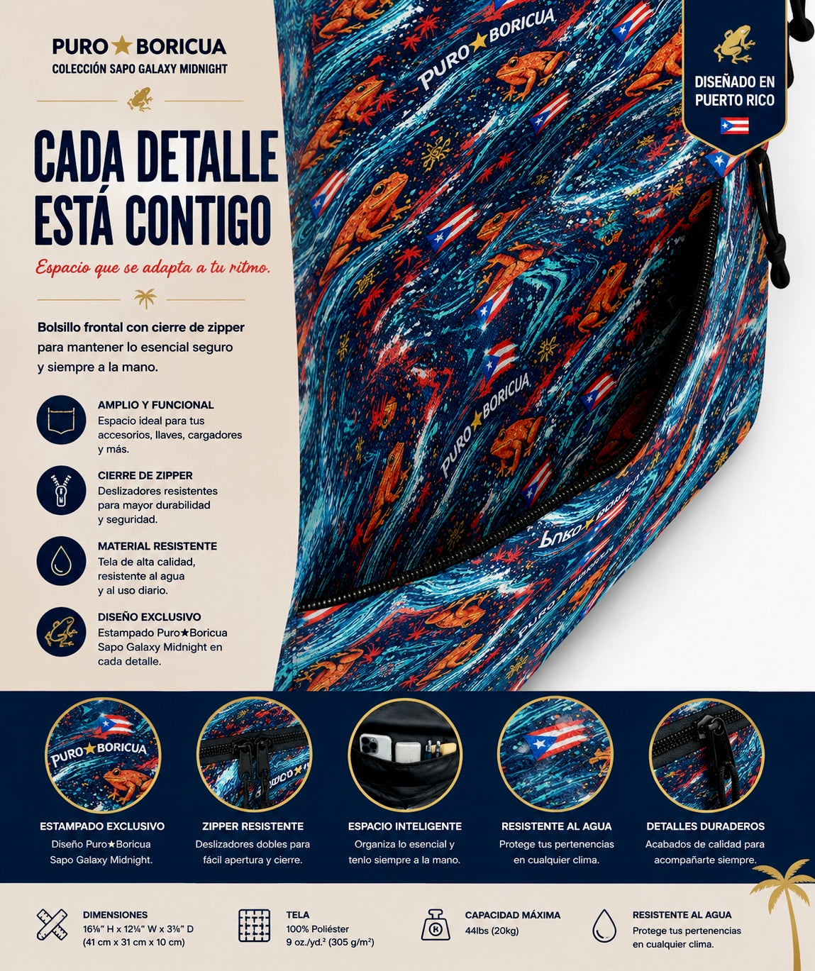 Close-up detail of the Pure⭐️Rican Puro⭐️Boricua Sapo Wave medium backpack front zipper pocket featuring matching Puerto Rican inspired Sapo Wave pattern and durable zipper construction.