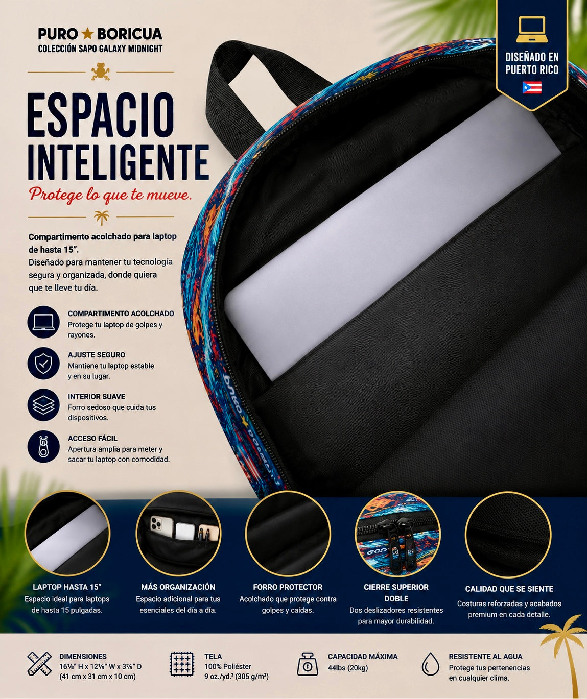 Interior laptop sleeve view of the Pure⭐️Rican Puro⭐️Boricua Sapo Wave medium backpack showing padded compartment designed to fit up to a 15-inch laptop for secure everyday travel.