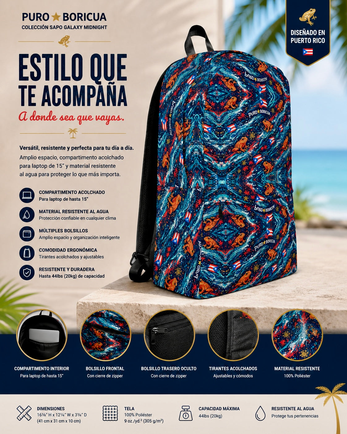 Left side angle view of the Pure⭐️Rican Puro⭐️Boricua Sapo Wave medium backpack featuring the Puerto Rican inspired all-over Sapo Wave pattern, ergonomic comfort, water-resistant design, and everyday carry functionality.