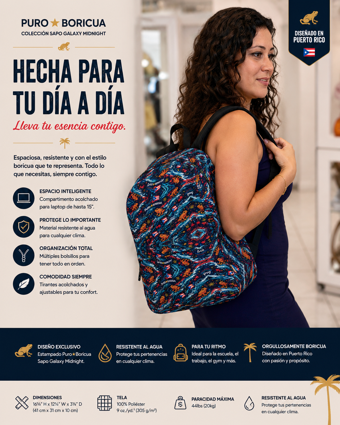 Lifestyle model wearing the Pure⭐️Rican Puro⭐️Boricua Sapo Wave medium backpack featuring Puerto Rican inspired all-over print, ergonomic comfort, and stylish everyday travel design.