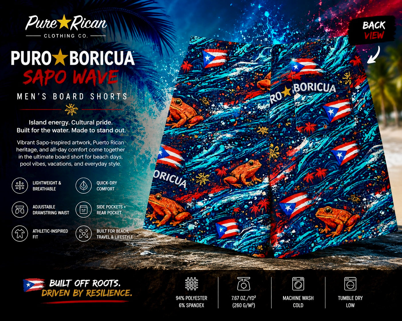 Premium back product display of Pure⭐️Rican Puro⭐️Boricua Sapo Wave Men’s Board Shorts showcasing rear pocket detail, Puerto Rican flag elements, Sapo-inspired tropical artwork, breathable quick-dry material, and all-over cultural print.