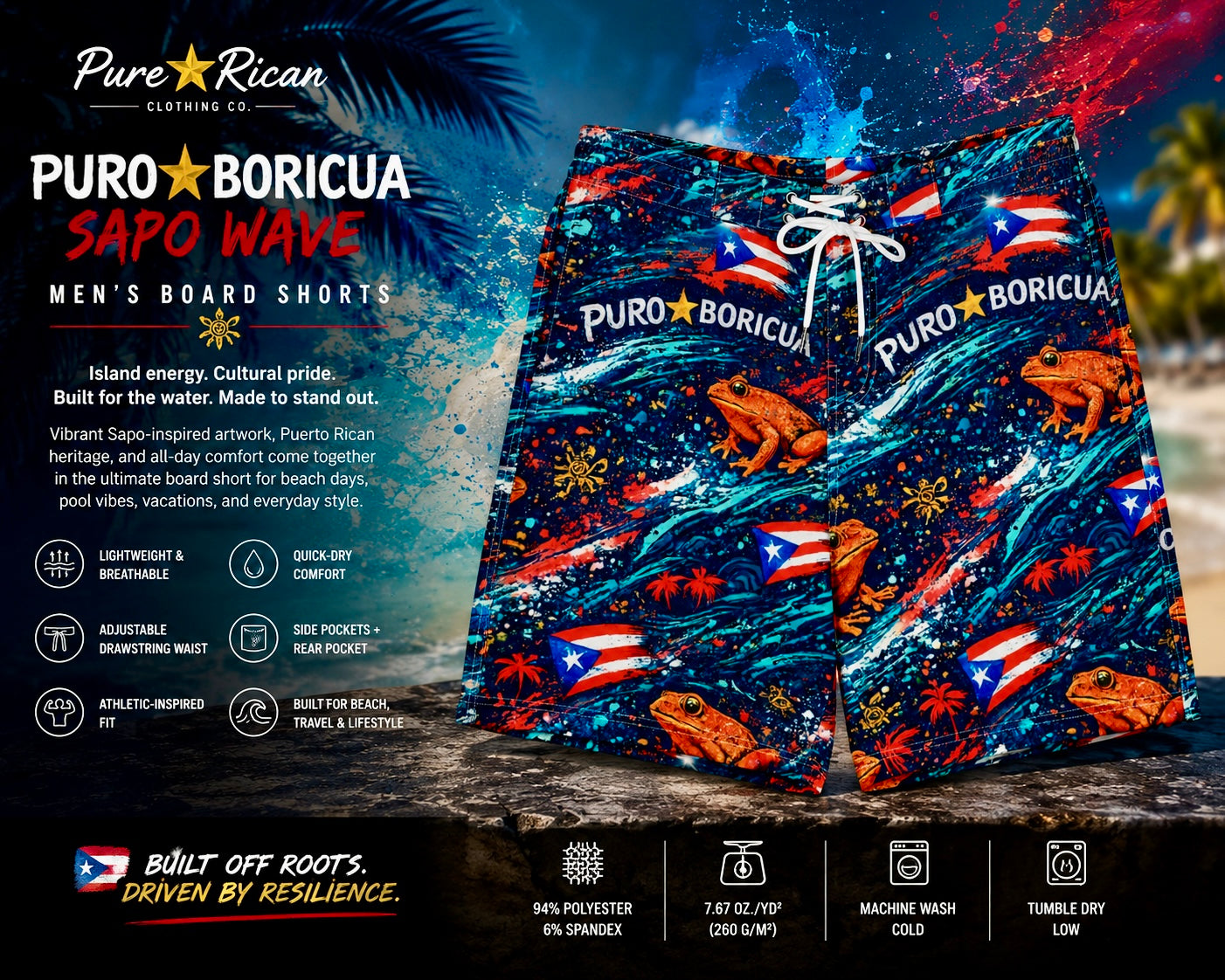 Premium front product display of Pure⭐️Rican Puro⭐️Boricua Sapo Wave Men’s Board Shorts featuring vibrant Puerto Rican flag artwork, Sapo-inspired tropical graphics, adjustable drawstring waist, lightweight quick-dry fabric, and bold Puerto Rican heritage design.