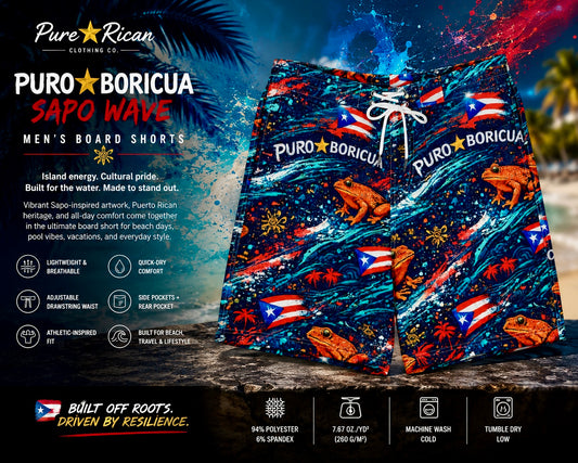 Premium front product display of Pure⭐️Rican Puro⭐️Boricua Sapo Wave Men’s Board Shorts featuring vibrant Puerto Rican flag artwork, Sapo-inspired tropical graphics, adjustable drawstring waist, lightweight quick-dry fabric, and bold Puerto Rican heritage design.