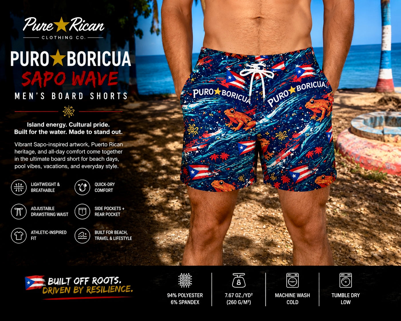 Male model wearing Pure⭐️Rican Puro⭐️Boricua Sapo Wave Men’s Board Shorts back view at a tropical beach location featuring Puerto Rican flag graphics, Sapo-inspired artwork, rear pocket detail, and premium beach-ready fit.