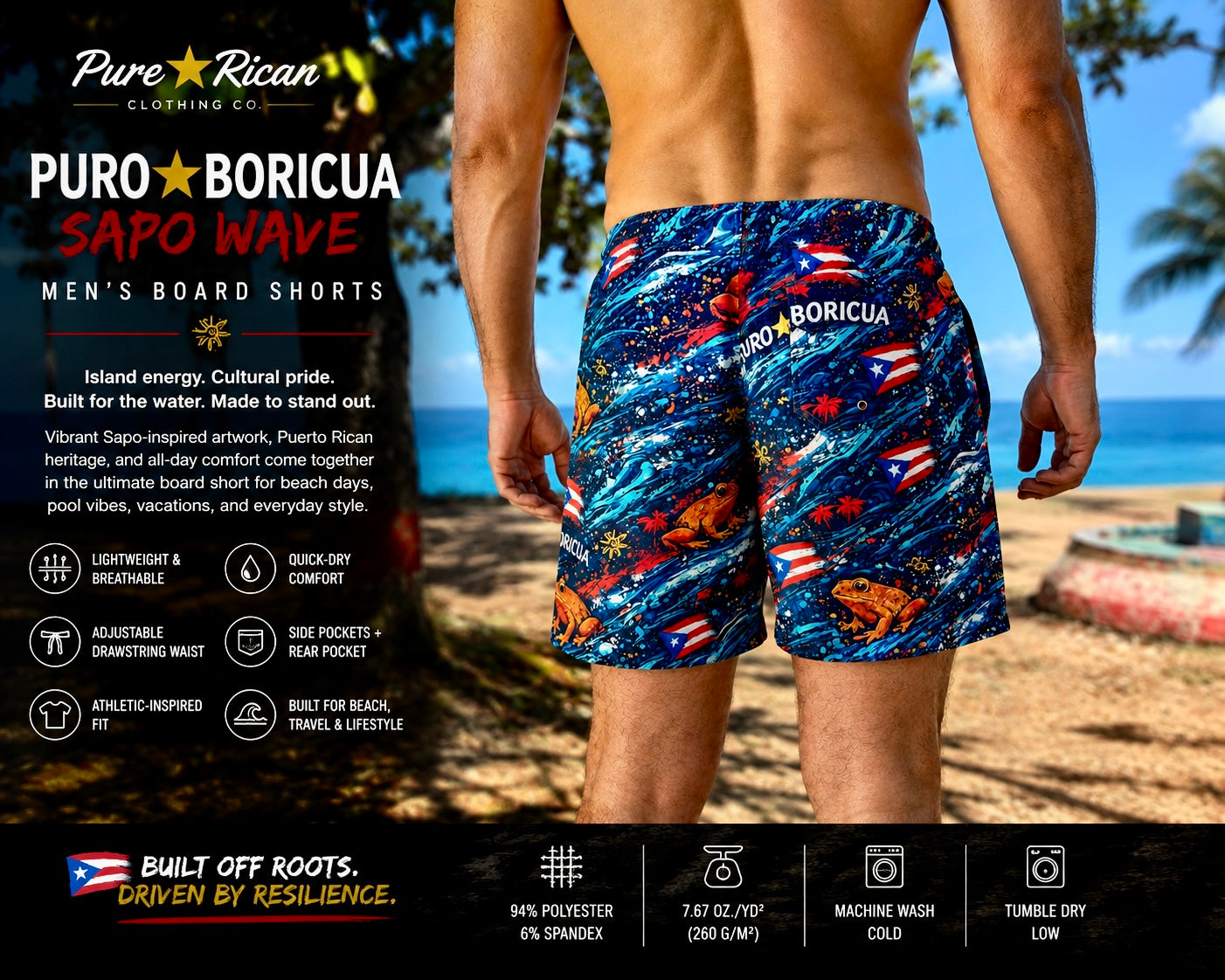 Male model wearing Pure⭐️Rican Puro⭐️Boricua Sapo Wave Men’s Board Shorts front view featuring bold Puerto Rican-inspired artwork, adjustable drawstring waistband, tropical Sapo graphics, quick-dry comfort, and premium beach lifestyle design.