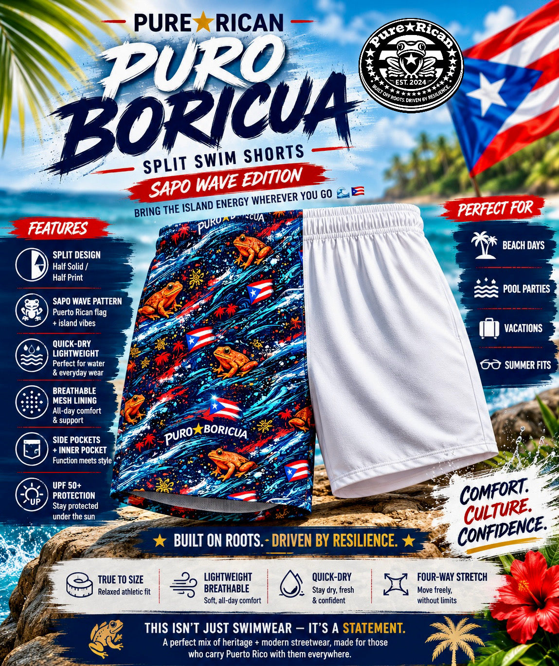 Premium front product feature graphic of Pure⭐️Rican Puro⭐️Boricua Sapo Wave Split Swim Shorts showcasing split design, Sapo Wave artwork, breathable mesh lining, quick-dry fabric, pockets, and UPF 50+ protection.