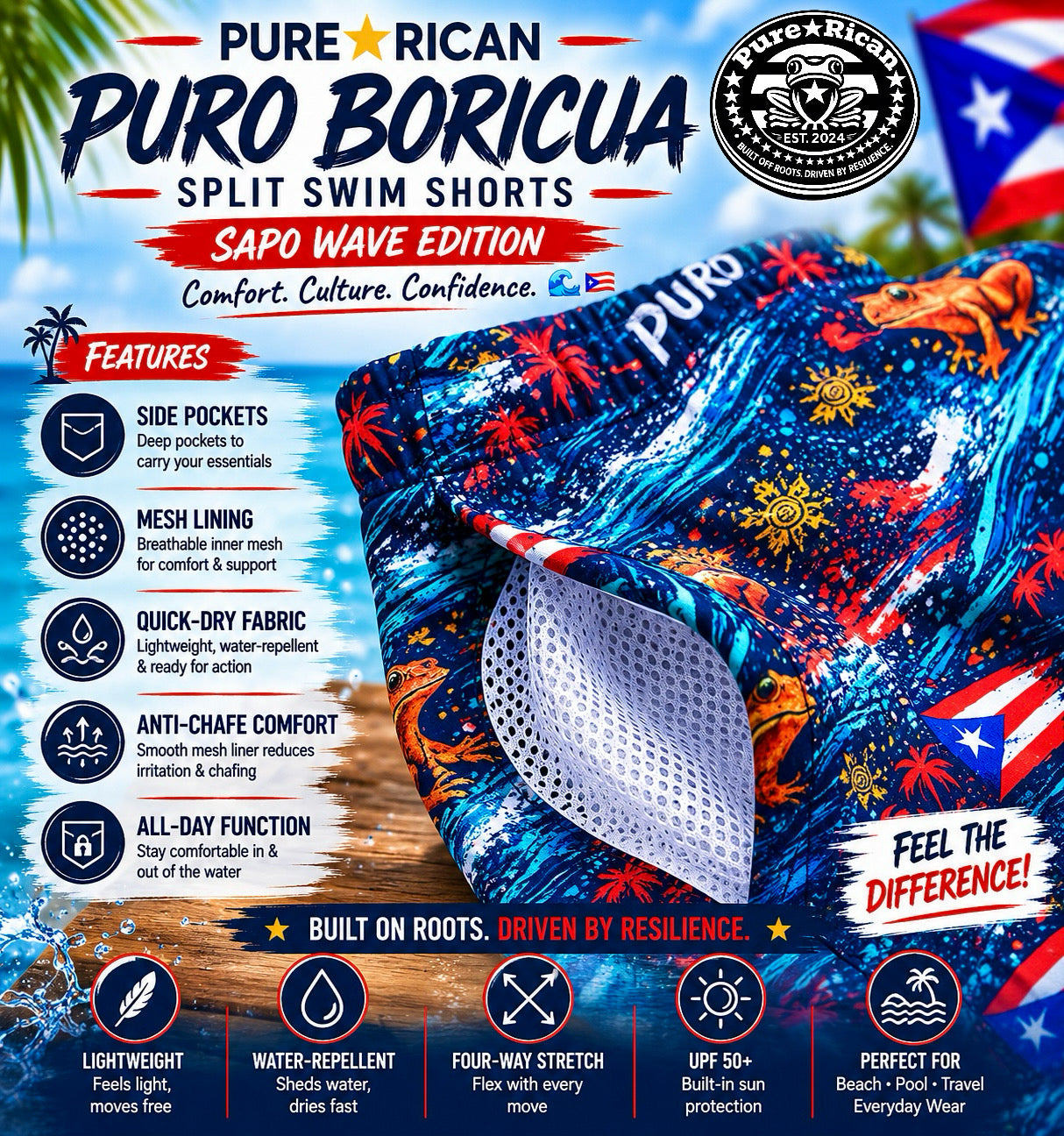 Close-up detail image of Pure⭐️Rican Puro⭐️Boricua Sapo Wave Split Swim Shorts showing breathable mesh side pocket lining, quick-dry fabric, and Puerto Rican-inspired Sapo Wave print.