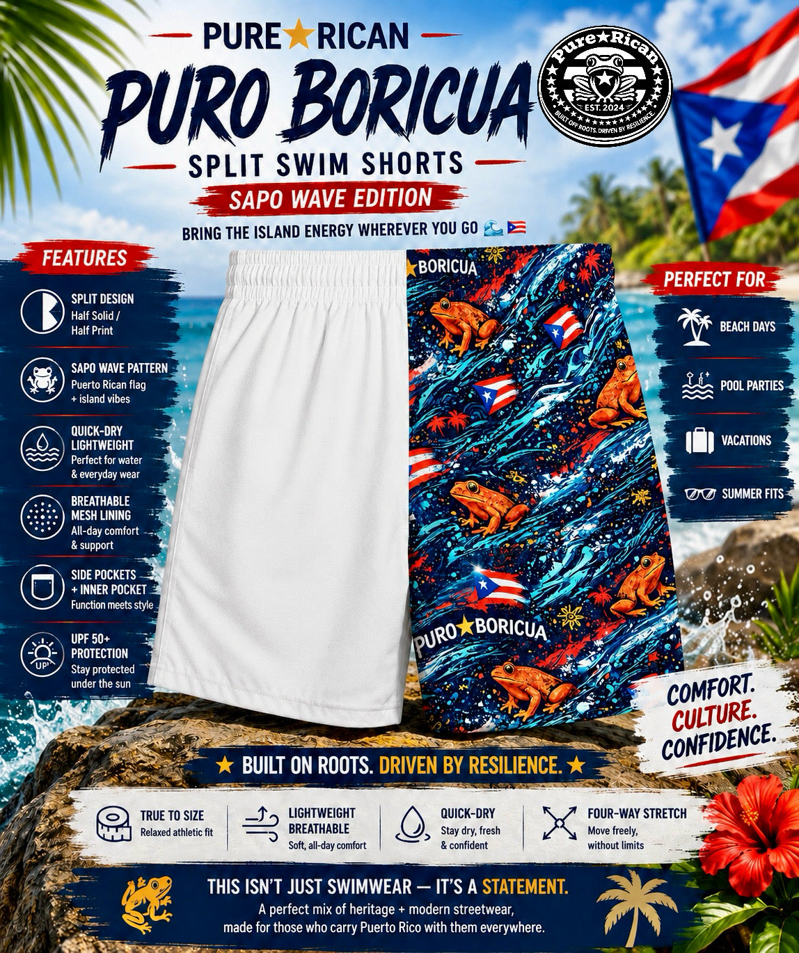 Premium promotional image of Pure⭐️Rican Puro⭐️Boricua Sapo Wave Split Swim Shorts featuring Puerto Rican-inspired split design with Sapo Wave artwork and summer-ready performance features.